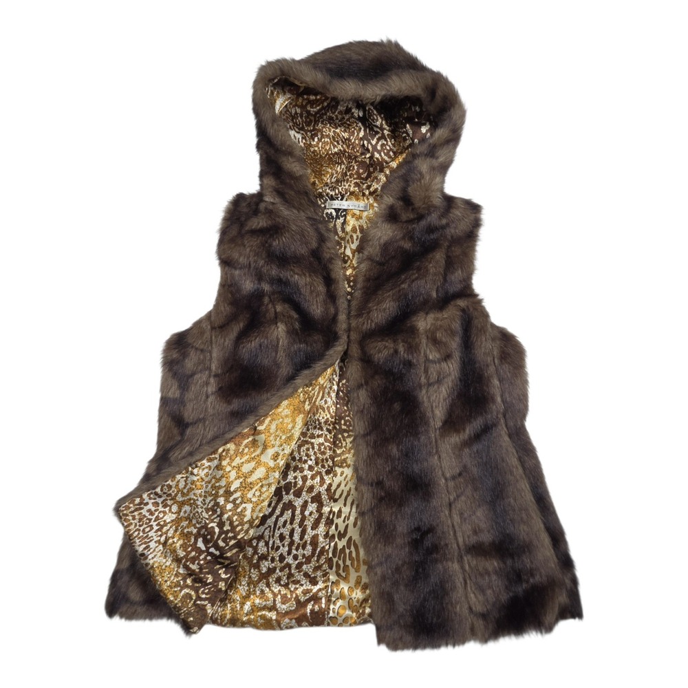 Peter Nygard Faux Fur Hooded Vest L Brown Animal Print Lining Glam Mob Wife